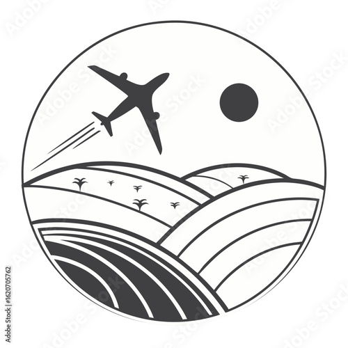 Travel Logo Design with Airplane, Sun, and Landscape – Symbol of Adventure, Vacation, Freedom, and Exploration; Perfect for Travel Agencies, Tour Operators, Airlines, and Outdoor Getaway Branding