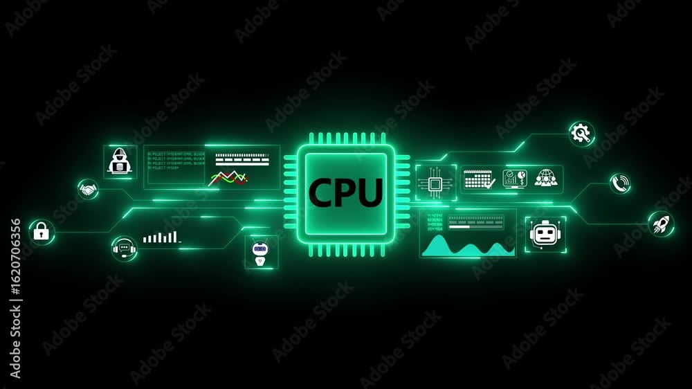 abstract glowing CPU processor with connections and signals. Technology cpu background. Pulses and signals from the chip propagate through the motherboard. 4k animation isolated on black backround.