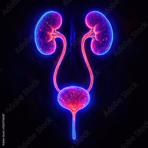 Urinary Tract System Anatomy in Bioluminescent Ultraviolet Style