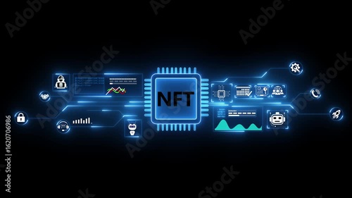 abstract glowing NFT processor with connections and signals. Technology NFT background. Pulses and signals from the chip propagate through the motherboard. 4k animation isolated on black backgound.