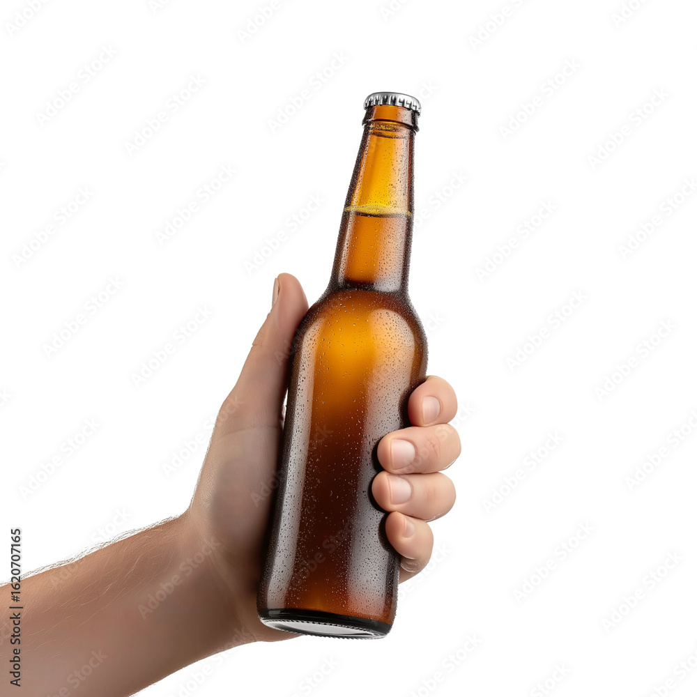 hand holding a cold brown bottle, cutout hand holding a cold brown bottle, cutout