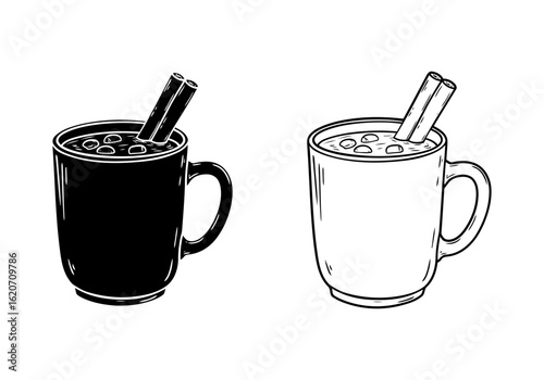 Vector art of black and white drawing of a mug with cinnamon stick isolated on white background