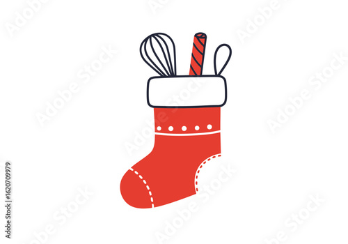 Vector art of christmas stocking filled with baking tools and treats isolated on white background