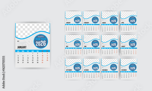 2026 calendar template. Calendar concept design with abstract natural patterns. Set of 12 months 2026 pages. Vector illustration