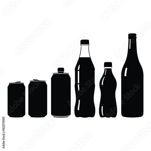 Art of collection of assorted beverage containers including cans and bottles, isolated on white background