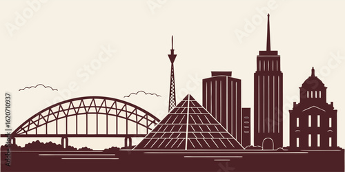 Memphis Cityscape Vector Art - Bass Pro Pyramid & Hernando de Soto Bridge