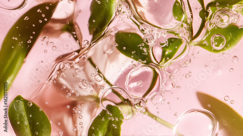 Green Leaves and Bubbles in Pink Liquid