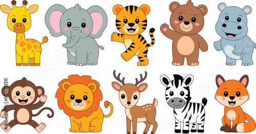 A cute collection of cartoon safari animals and zoo characters for kids