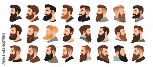 Diverse Collection of Male Beard Styles and Haircuts Vector Illustration on White Background