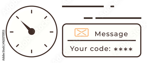 Clock icon next to email notification with verification code for security purposes. Ideal for cybersecurity, authentication, privacy, time management, digital communication, login process, simple