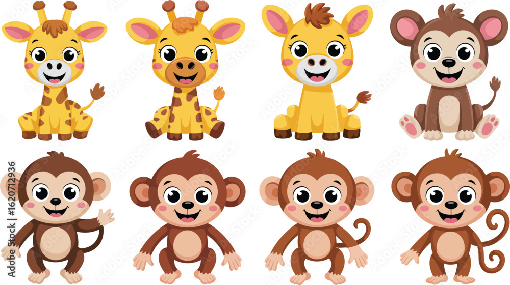 Fototapeta premium Set of cute cartoon safari animals with baby giraffes and monkeys sitting and smiling.