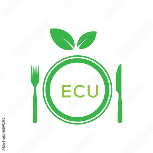 ECU Letter Logo. ECU Organic Food Logo with Plate, Fork, Knife, and Leaf Icon – Healthy Restaurant and Eco-Friendly Dining Design.
