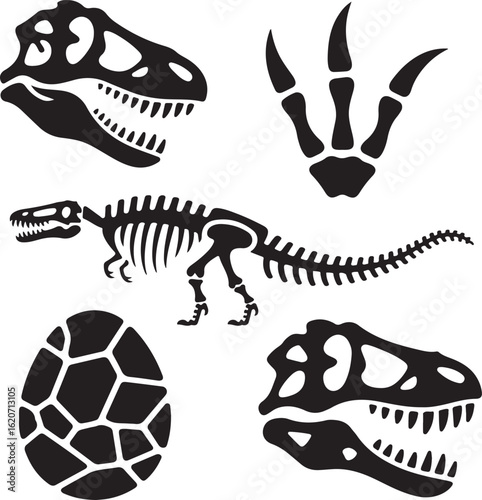 Dinosaur Fossils and Skeletons Icon Set – T-Rex Skull, Claw Fossil, Dinosaur Footprint, Rib Cage, Tail Bones, Fossil Egg, and Jawbone