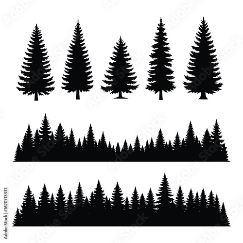 Art of collection of silhouette pine trees and forest landscape borders, isolated on white background