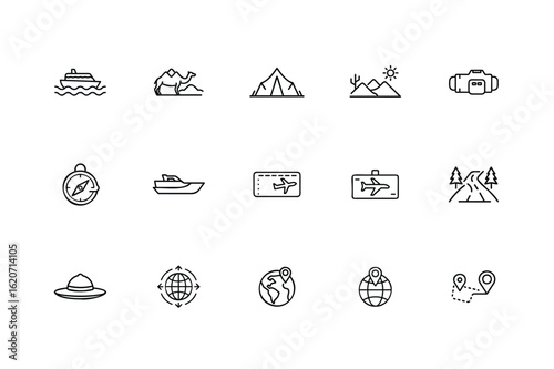 Collection travel adventure line art icons on journey vacation