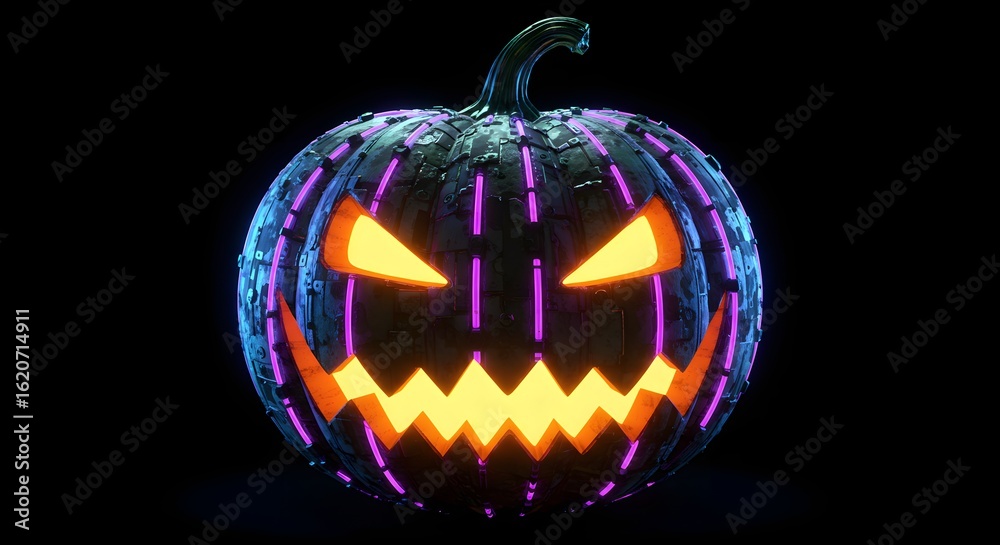 Obraz premium Glowing Spooky Halloween Pumpkin with Purple and Blue Neon Lights on a Dark Background