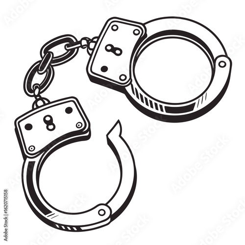 Classic handcuffs illustration with open and closed cuffs. Vector