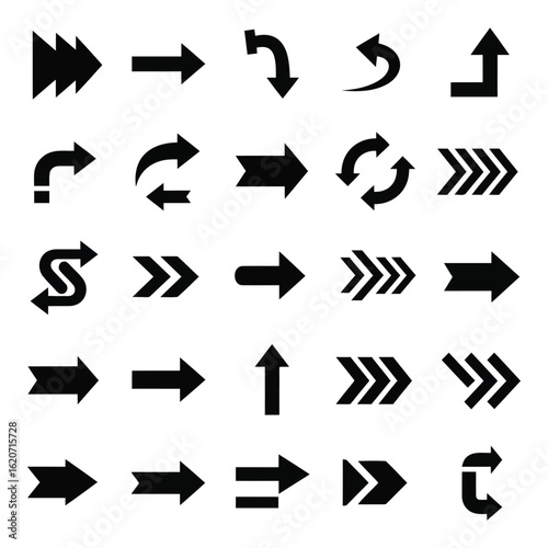 Art of collection of diverse arrow icons and symbols representing direction, movement, and navigation, isolated on white background