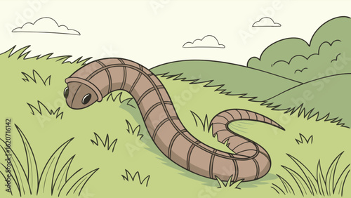 A cartoon earthworm crawling in a grassy field with hills and clouds in the background, isolated on white background, creating a cute and whimsical nature illustration for childrens designs