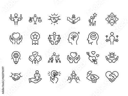 Isolated line art shows business, relationship, idea, and love themed icons with transparent background