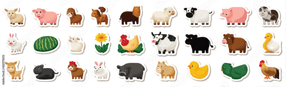 Obraz premium Farm Animal and Plant Sticker Set for Childrens Educational Materials Cute Cartoon Farm Animals and Garden Plants