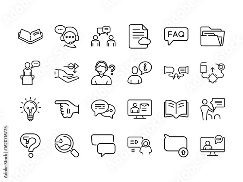 Outline icons present open books, chatting operators, ideas, document clouds, and file folders
