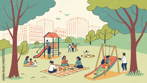 Illustration of a vibrant city park with children playing on swings and slides, families enjoying picnics, and people gathering for outdoor activities