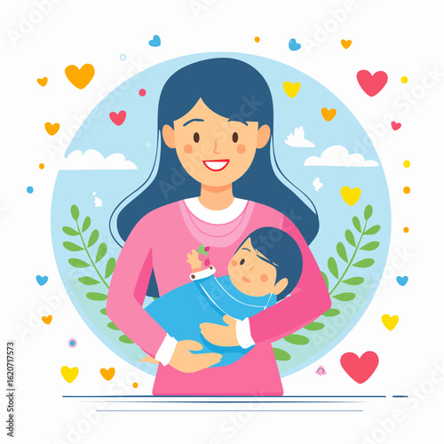 Happy Mother Holding Her Baby Close, Surrounded by Hearts and Leaves