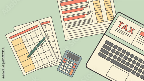Illustration of tax forms, calculator, and laptop, representing financial planning, accounting, and business tasks related to taxes and income management