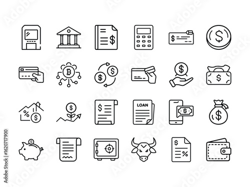 Twentyfour finance banking icons present outline elements with a transparent background fill money related concept