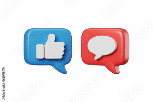 3D Social Media Chat Bubble Icons – Like, Heart, Comment Symbols