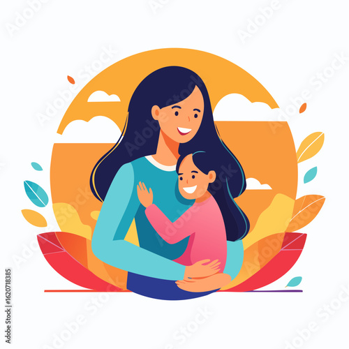 Heartwarming illustration of a mother's loving embrace with her young daughter, celebrating family bonds and affection