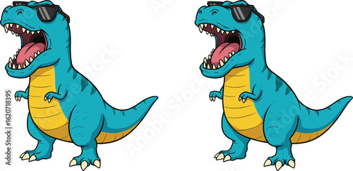 Cool cartoon T-Rex dinosaur wearing sunglasses, funny blue dino character, roaring pose, kids illustration, vector animal art design