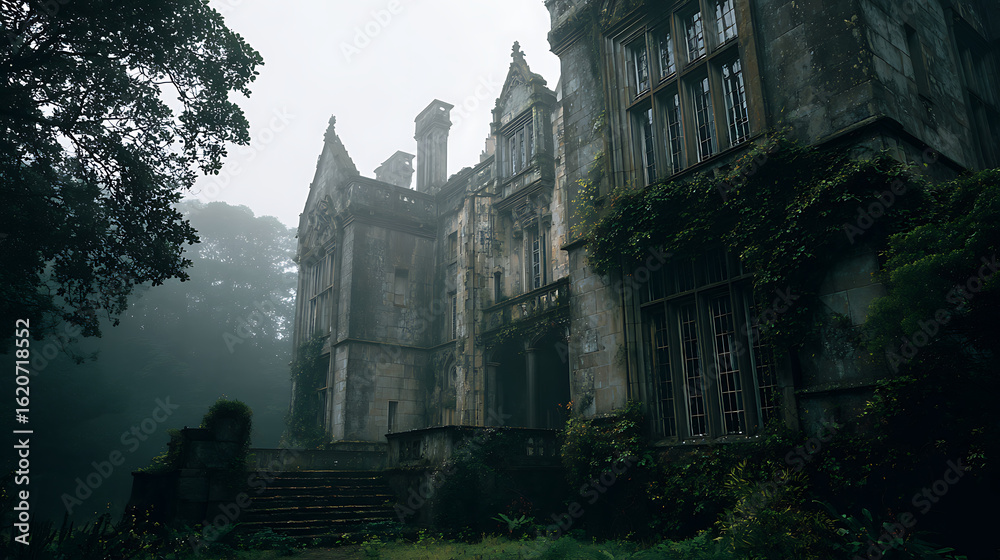 Obraz premium Ancient Stone Manor Overgrown With Ivy In Eerie Fog ancient manor overgrown ivy