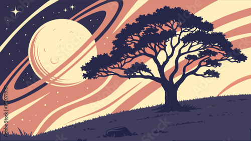 A retrostyle illustration of a tree on a hill under a starry sky with a ringed planet, creating a dreamlike and serene landscape, perfect for designs evoking nature, space, and peaceful solitude