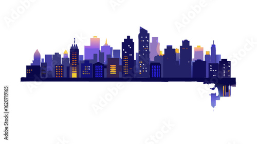 Illustration of a modern city skyline with tall buildings and skyscrapers at night isolated on white background