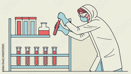 A scientist in a lab coat is holding a test tube, conducting research and experiments in a medical science setting, isolated on white background
