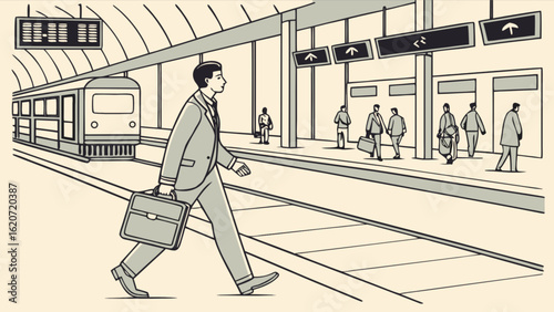 A vintage illustration of a businessman commuting at a subway station, waiting for the train on the platform, showcasing urban transportation and a busy city lifestyle