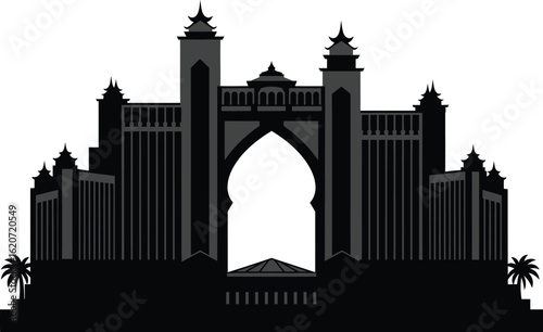 High-Definition Solid Black Silhouette of Atlantis, The Palm Exterior with Perfect Proportions and Sharp Edges black and white with white background flat vector miniimal 