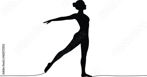 Minimalist black silhouette of a graceful woman in yoga pose, featuring elegant body flow, solid shape design on white background for wellness or fitness themes 
