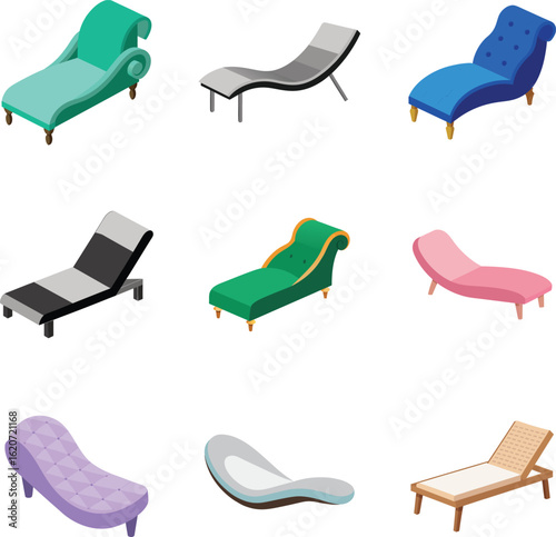 Chaise Chair Vector Collection – Colorful, Elegant Lounge and Reclining Chairs in Classic and Modern Styles for Interior and Outdoor Spaces