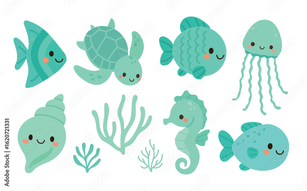 Naklejka premium Playful green underwater animals including turtle, fish, jellyfish, and seahorse with smiling faces. Great for kids’ books, games, or marine education.