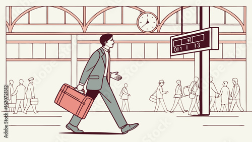 A man walking with a suitcase in a train station, with people waiting and a clock on the wall, in a vintage illustration style
