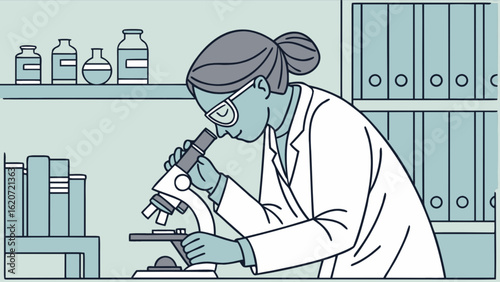 A scientist using a microscope in a laboratory, conducting research and experiments for medical and scientific advancements, in a clean illustration style