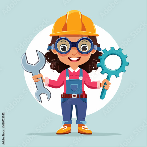 Young Engineer's Tools: A cheerful young engineer, adorned with a hardhat, safety glasses, and overalls, gleefully displays a wrench and gear, embodying the spirit of innovation and construction.