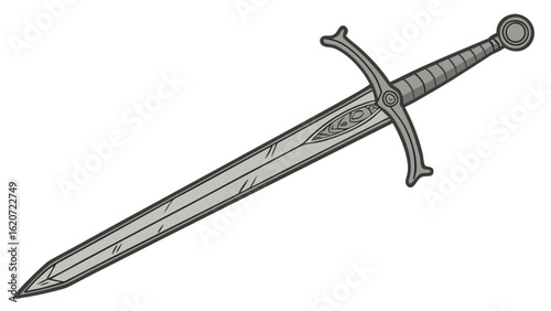 Illustration of a medieval sword isolated on white background, a symbol of power, strength, and valor, perfect for historical, fantasy, or heraldic designs, with a sharp blade and detailed handle