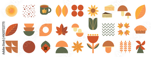 Set of autumn icons in flat geometric style. Leaves, berries, mushrooms, nut, pumpkin, vegetables. Collection of flat icons. Vector illustration.