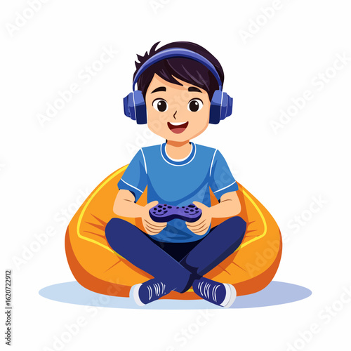 Joyful gamer at play: A young male gamer engrossed in a thrilling game session, seated comfortably, radiates a sense of pure joy and excitement in a vibrant display.
