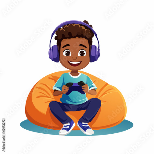Gaming Kid in Beanbag: A young, cheerful child engrossed in a gaming session, his focus solely on the screen while comfortably seated in a vibrant orange beanbag, headphones set over his ears.