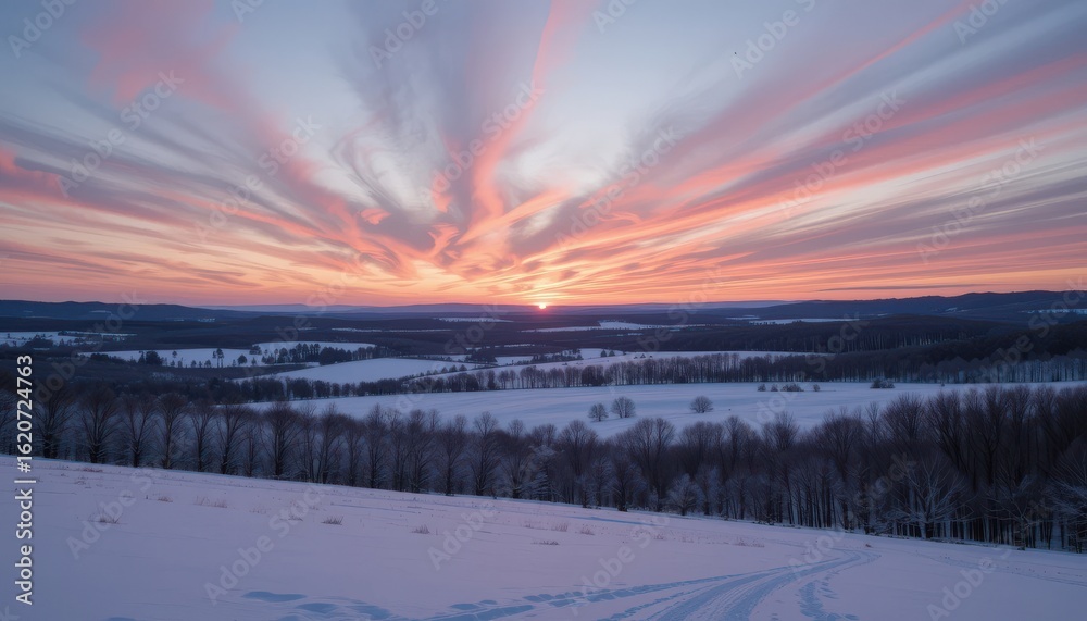 Fototapeta premium Close up Soft Pastel Sunset Sky Over Snowy Landscape